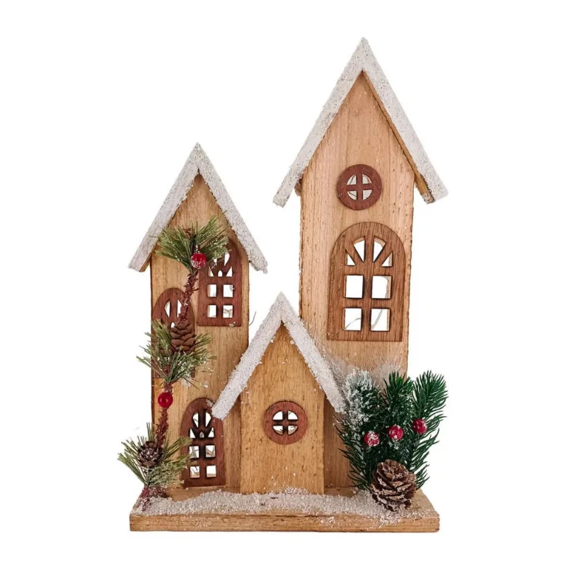 Casinha Natalina Rustica em Madeira Iluminada 32cm
