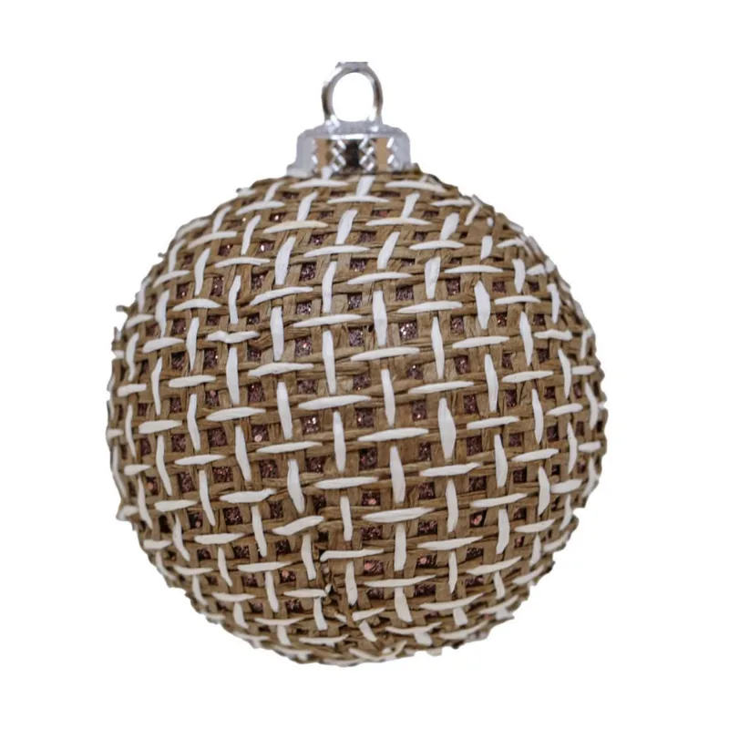 3 Bolas Enfeite Árvore Natal Rustica Corda Palha Dourada 8cm