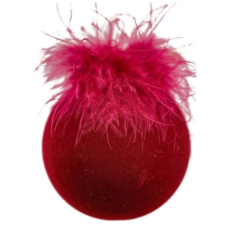 3 Bolas Enfeite Árvore Natal Vermelha de Veludo e Plumas 8cm