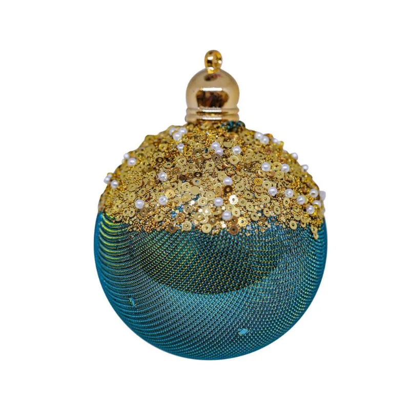 3 Bolas Enfeites Árvore Natal Azul e Dourado e Perolas 8cm