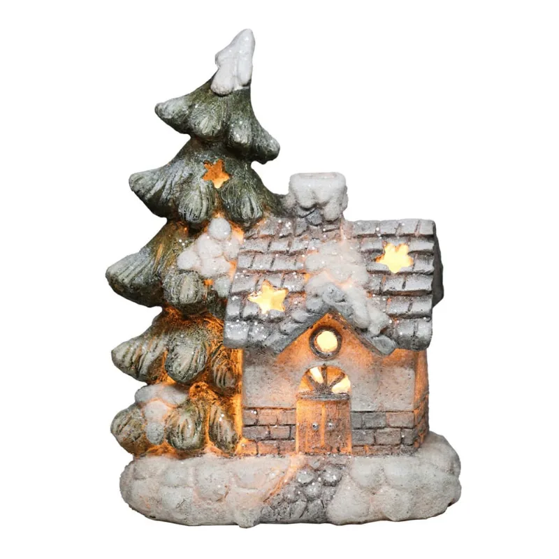 Casa Natalina Árvore Nevada Vila Papai Noel Iluminada 23cm