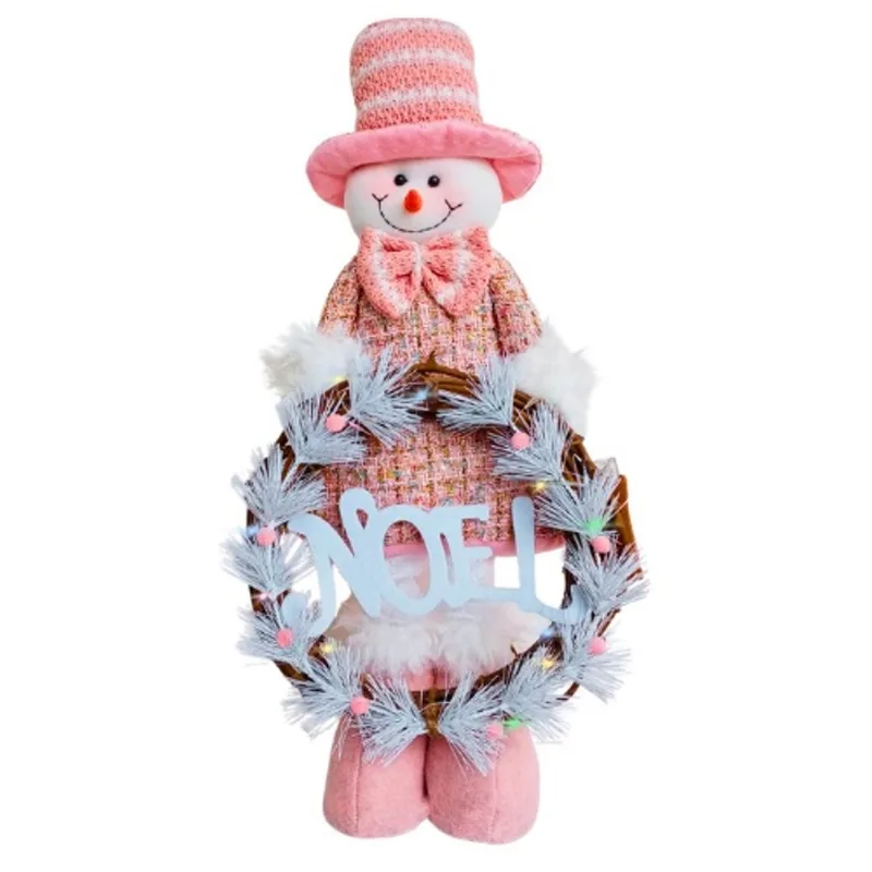 Boneco de Neve com Guirlanda Noel com Luzes Led Rosa / Branco 58cm Enfeite de Natal