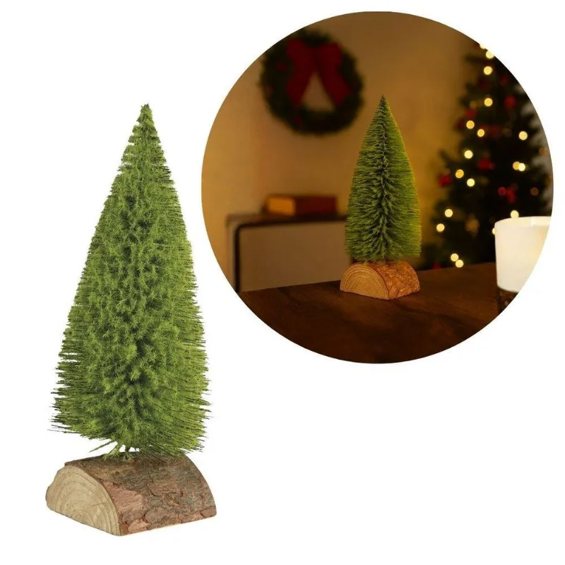 Mini Pinheiro Decorativo De Mesa Premium Realista Com Base Em Tronco De Madeira Rústico Verde Yangzi