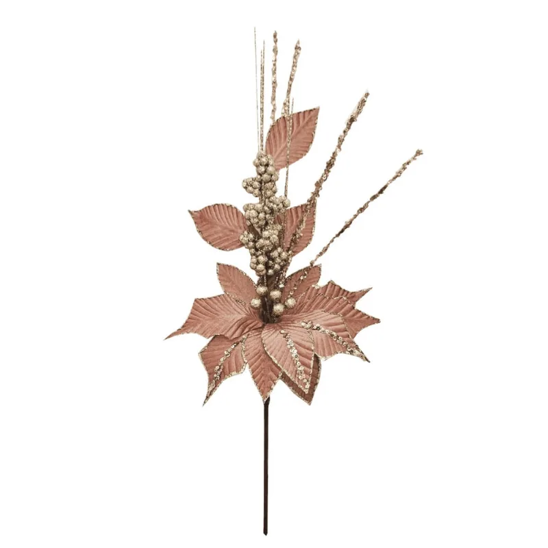 2 Galhos Hastes Flor Enfeite Rose Natalina 58CM