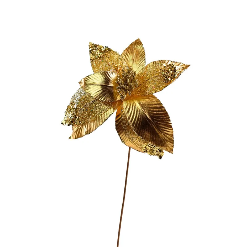 2 Flor Natalina Bico de Papagaio Metalizada Dourada 36CM