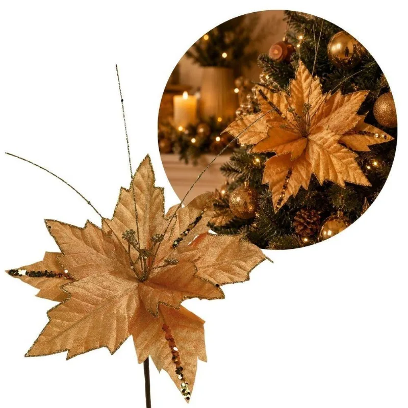 Flor Decorativa Bico De Papagaio Pick Com Glitter Dourado Yangzi 25cm