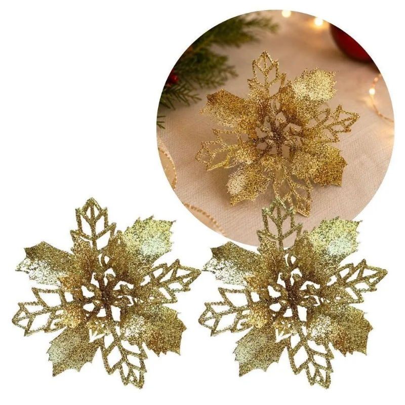 Flor Decorativa Natalina Bico De Papagaio Dourado Natal Pick Glitter Com Presilha Prática Yangzi 9cm