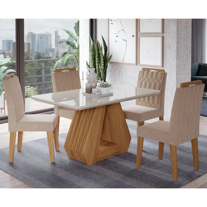 Conjunto Sala de Jantar Ágata Tampo em MDF e Vidro Com 4 Cadeiras Paola Cimol - Cimol