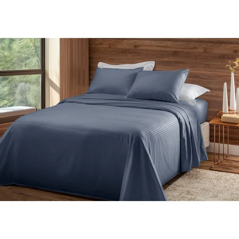 Jogo De Cama Completo Stripe 4 Peças Queen Azul Becadecor