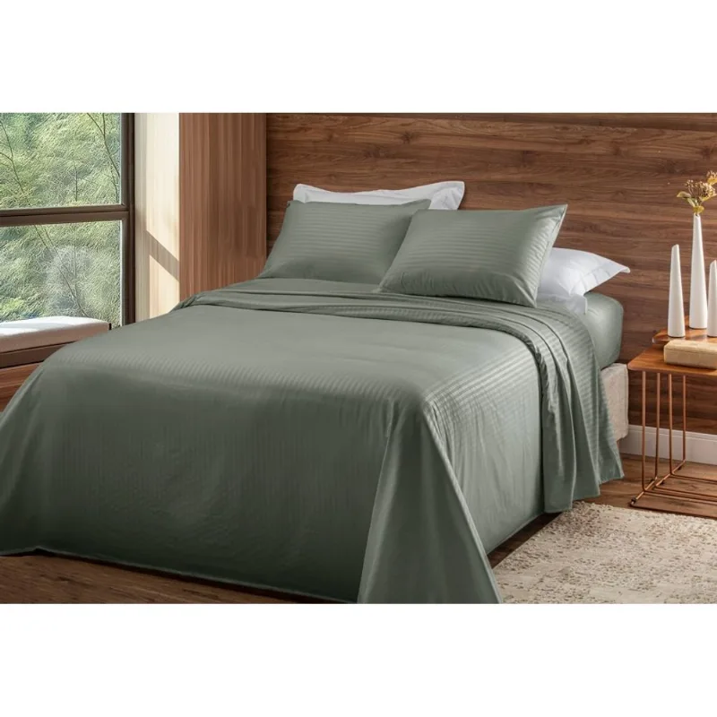 Jogo De Cama Completo Stripe 4 Peças Casal Verde Becadecor