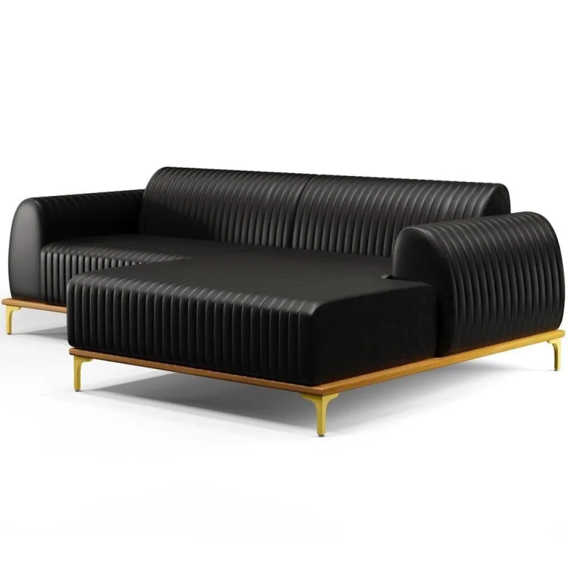 Sofá 4 Lugares Com Chaise Direito Sala De Estar 255cm Preto - Lyam Decor - Móveis
