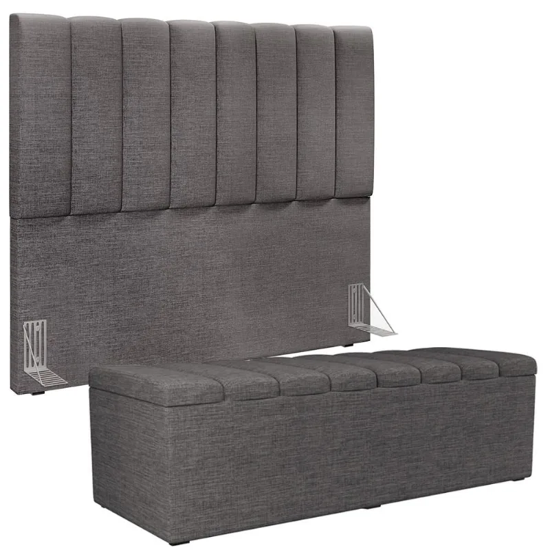 Kit Cabeceira Cama Box Casal 140cm Calçadeira Recamier Baú Dália W01 Linho Cinza Escuro - Lyam Decor - Lyam Decor