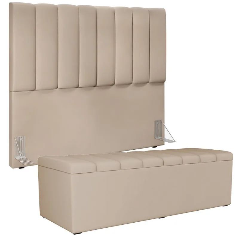 Kit Cabeceira Cama Box Casal 140cm Com Calçadeira Recamier Baú Dália W01 Suede Bege - Lyam Decor - Lyam Decor