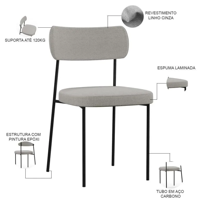 Kit 08 Cadeiras Estofada Para Sala De Jantar F01 Cinza - Lyam Decor - Agro