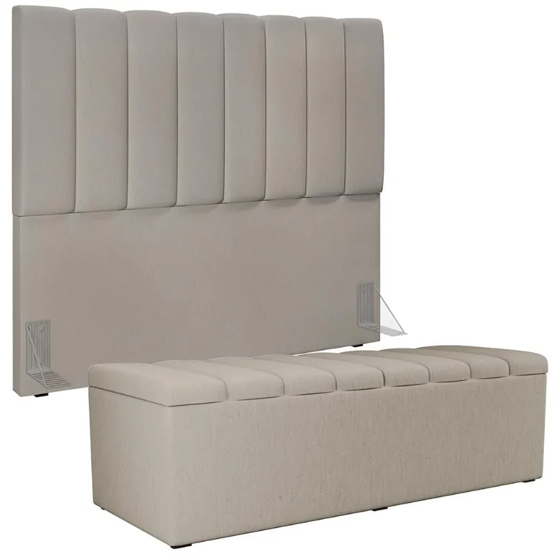 Kit Cabeceira Cama Box Casal 140cm e Calçadeira Recamier Baú Dália W01 Linho Bege - Lyam Decor