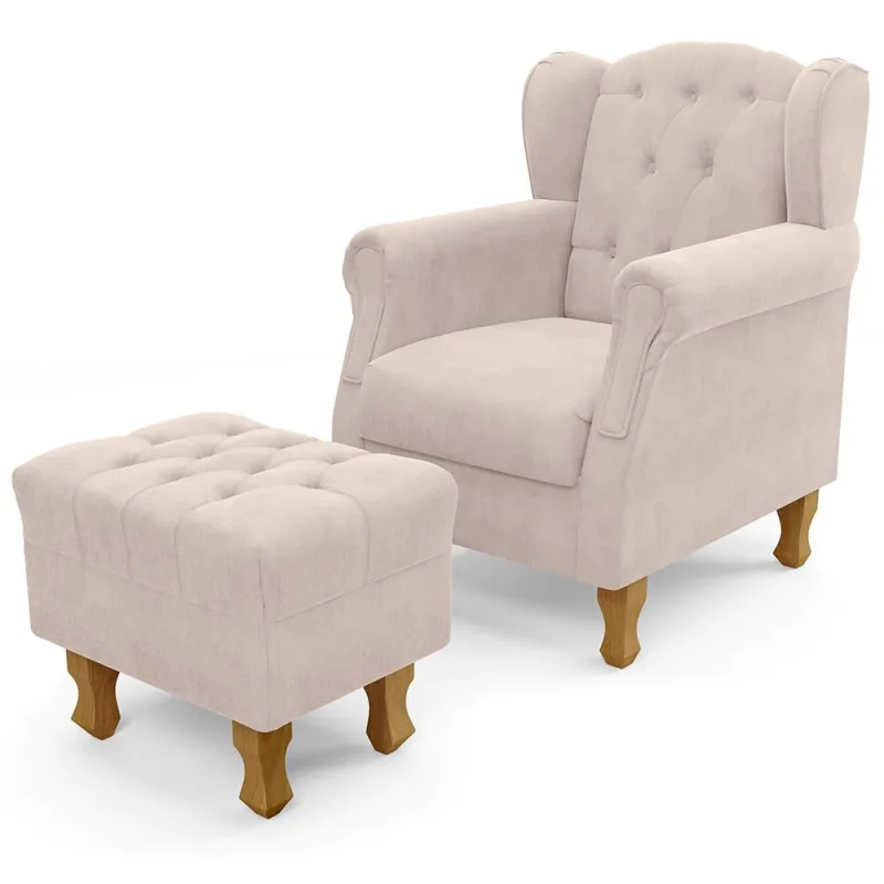Poltrona De Amamentação Yara P02 Com Puff Paris Luis Xv L02 Suede Bege - Lyam Decor - Lyam Decor