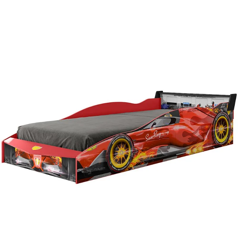 Cama Infantil Com Proteção Lateral E Porta Objetos Quarto Truck Led P04 Preto Vermelho - Lyam Decor