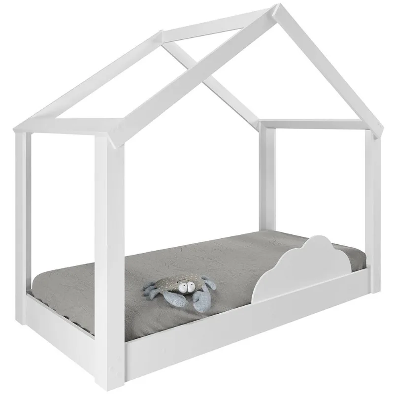 Cama Infantil Montessoriana Casinha Com 1 Grade Proteção Nuvem Quarto Angel P04 Branco - Lyam Decor