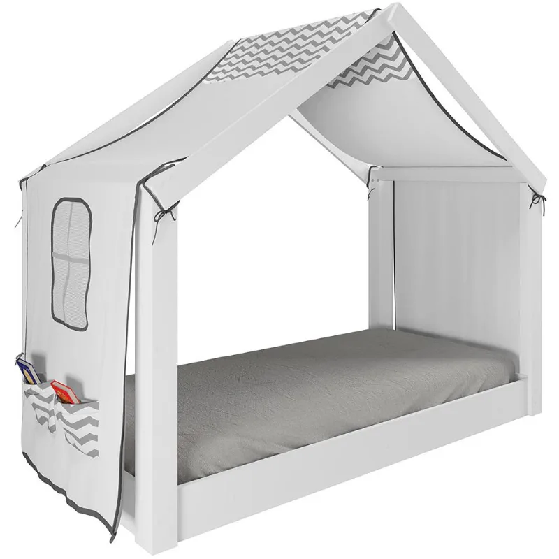 Cama Infantil Montessoriana Casinha Com Dossel Zig Zag Quarto Angel P04 Branco - Lyam Decor
