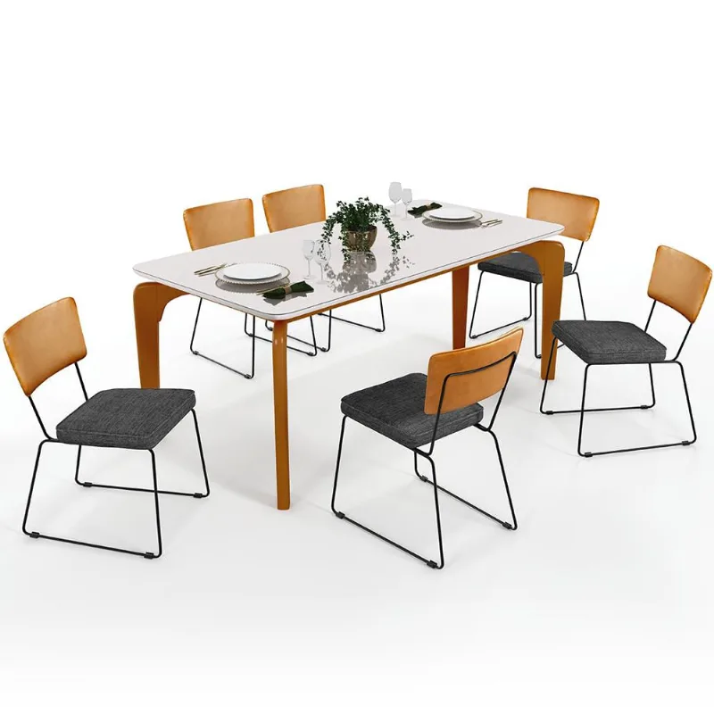 Mesa Capri 160cm Off White E 6 Cadeiras Allana B05 Couríssimo Whisky Linho Cinza Escuro - Lyam Decor - Lyam Decor