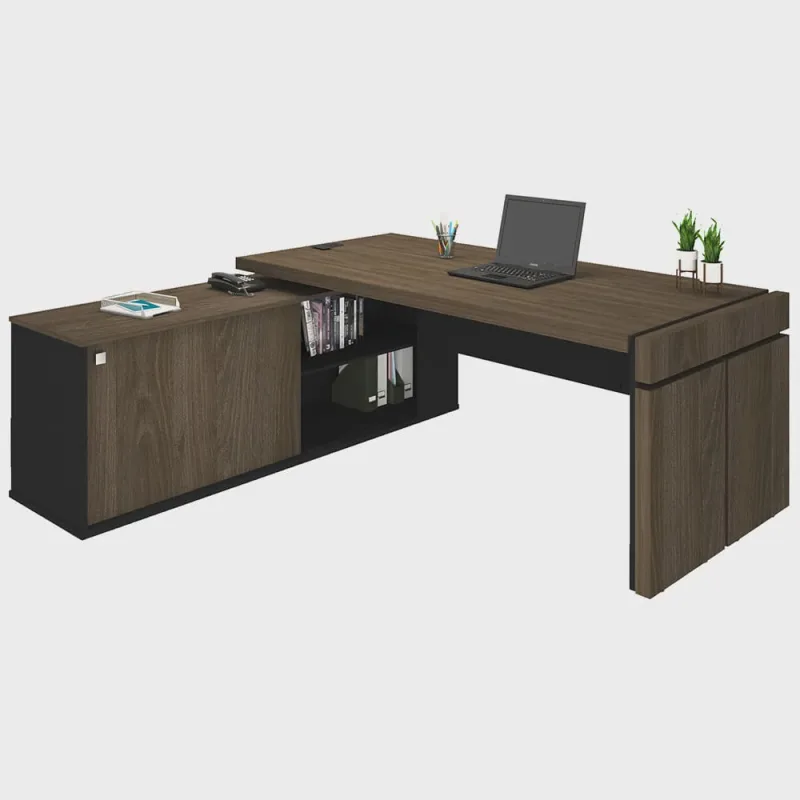 Mesa Para Escritório Em L Caixa Com Tomada Atria Executiva 200x183cm A02 Charuto Preto - Lyam Decor - Não Disponível - Móveis