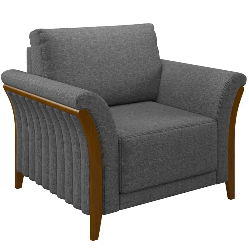 Poltrona Para Sala De Estar Decorativa Base Fixa Stefan M03 Linho Chumbo - Lyam Decor - Lyam Decor - Móveis