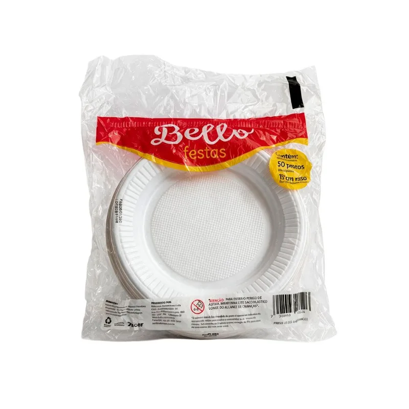 Prato Descartável Raso Poliestireno Branco 15cm Bello Festas 50 Unidades