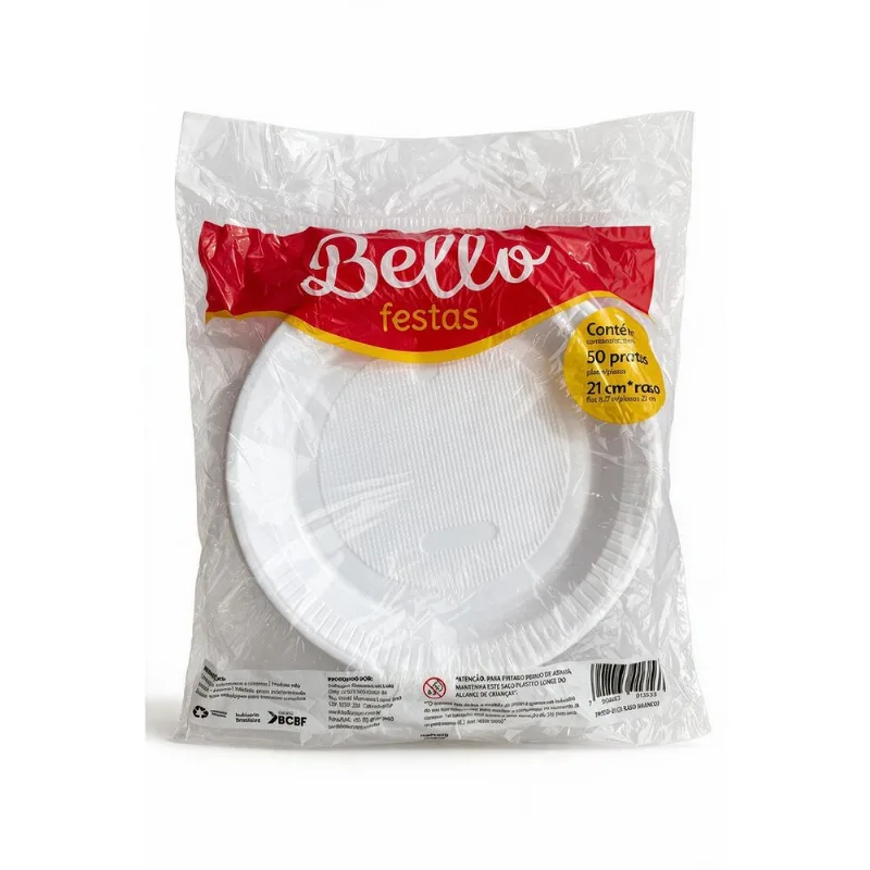 Prato Descartável Raso Poliestireno Branco 21cm Bello Festas 50 Unidades