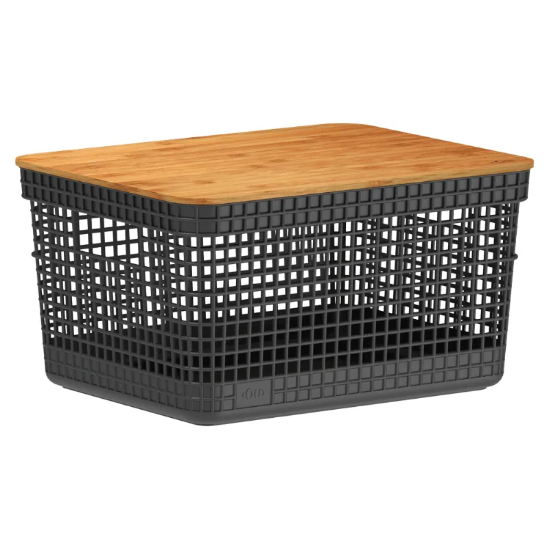 Cesto Organizador Grid com Tampa de Bambu Preto Ou 8 L