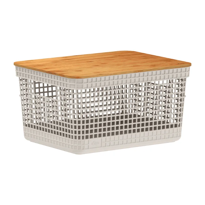 Cesto Organizador Grid com Tampa de Bambu Bege Ou 8 L