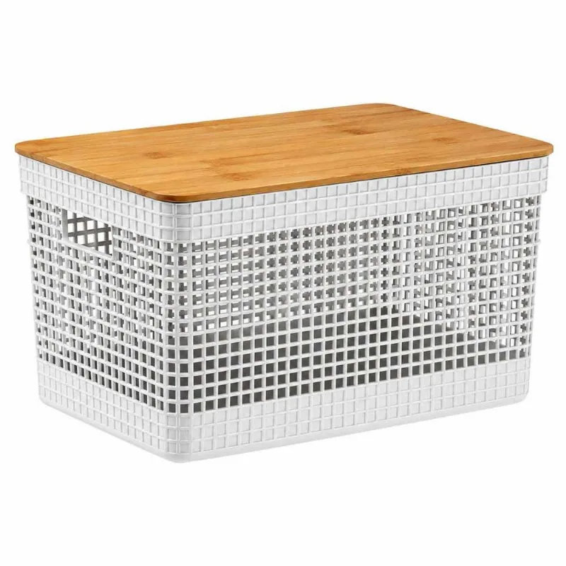 Cesto com Tampa Bambu Grid Ou Branco 20L Peça