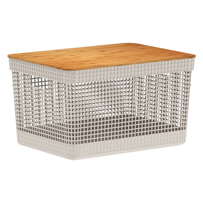 Cesto Organizador Grid com Tampa de Bambu Bege Ou 20 L