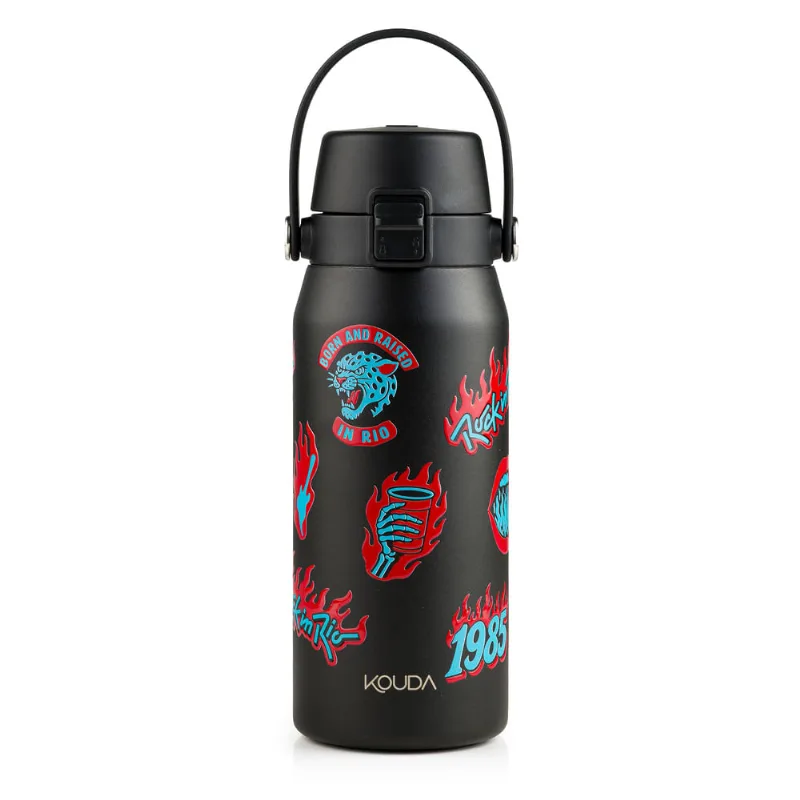 Garrafa Térmica Kouda Rock In Rio Vega cor Preta On Fire 500ml