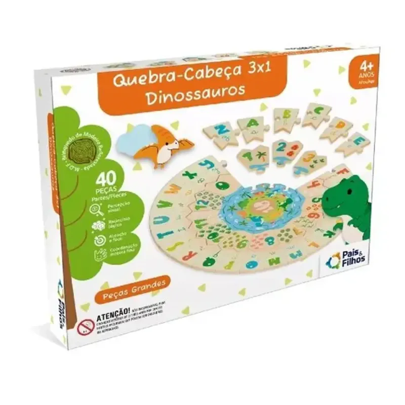 Quebra-Cabeça Pais & Filhos Madeira 3 em 1 Dinossauros 40 Peças - PAIS & FILHOS - Brinquedos