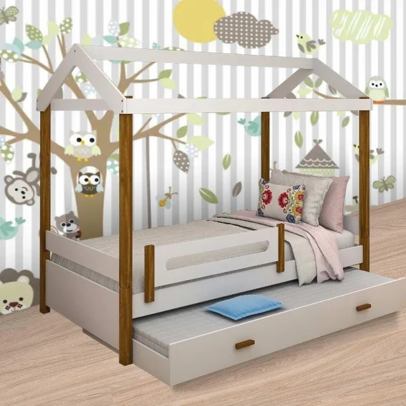 Cama Solteiro Eliz com Cama Auxiliar Estrutura MDF Branco com Grade - OUTRAS MARCAS - Móveis
