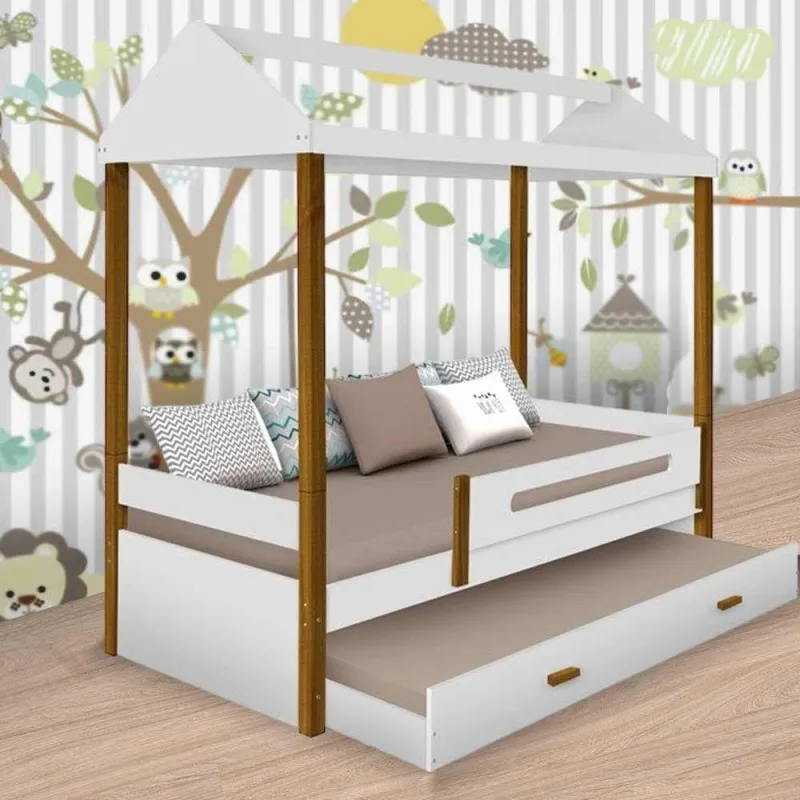 Cama Solteiro Sara com Auxiliar e 2 Colchões em MDF Branco com Grade - OUTRAS MARCAS - Móveis
