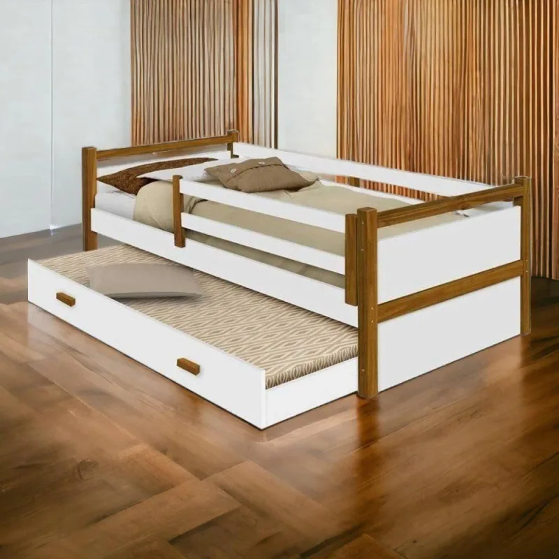 Cama Infantil Bianca com Grade de Proteção Cama Auxiliar MDF Branco e Mel Diana - OUTRAS MARCAS - Móveis