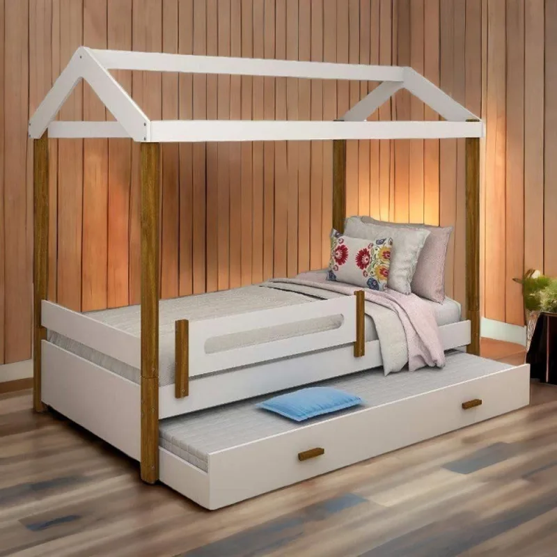 Cama Solteiro Elisa com Cama Auxiliar em MDF Branco com Grade Infantil - OUTRAS MARCAS - Móveis