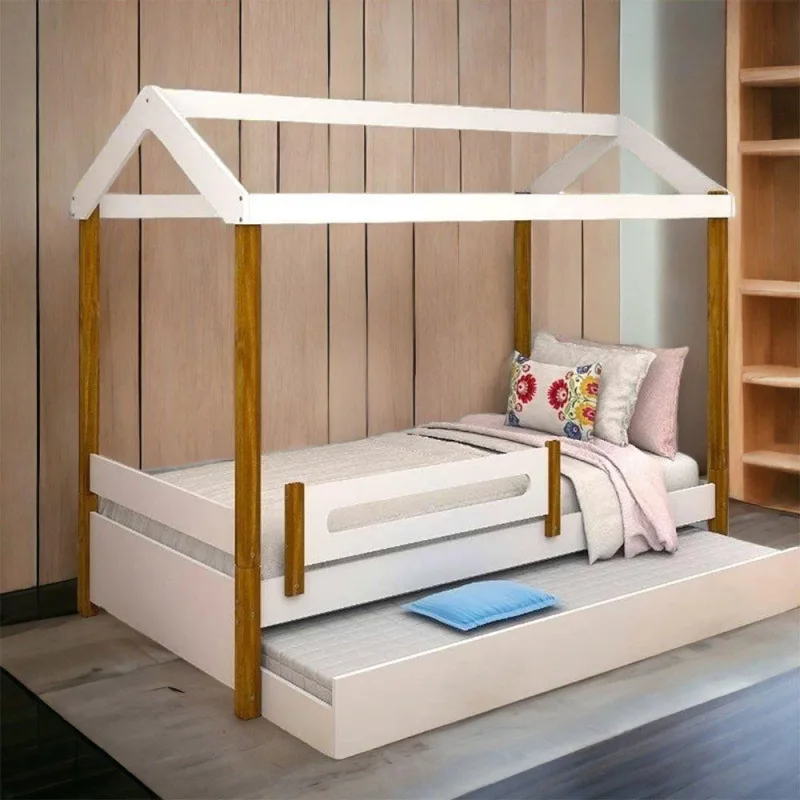 Cama Solteiro Elisa Casa com Cama Auxiliar e Grade em MDF Branco - OUTRAS MARCAS - Móveis