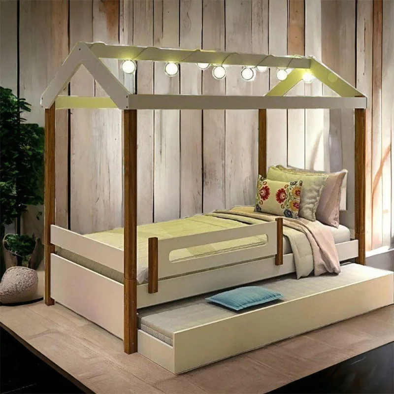 Cama Solteiro Casa Elisa com Led e Cama Auxiliar em MDF Branco - OUTRAS MARCAS - Móveis