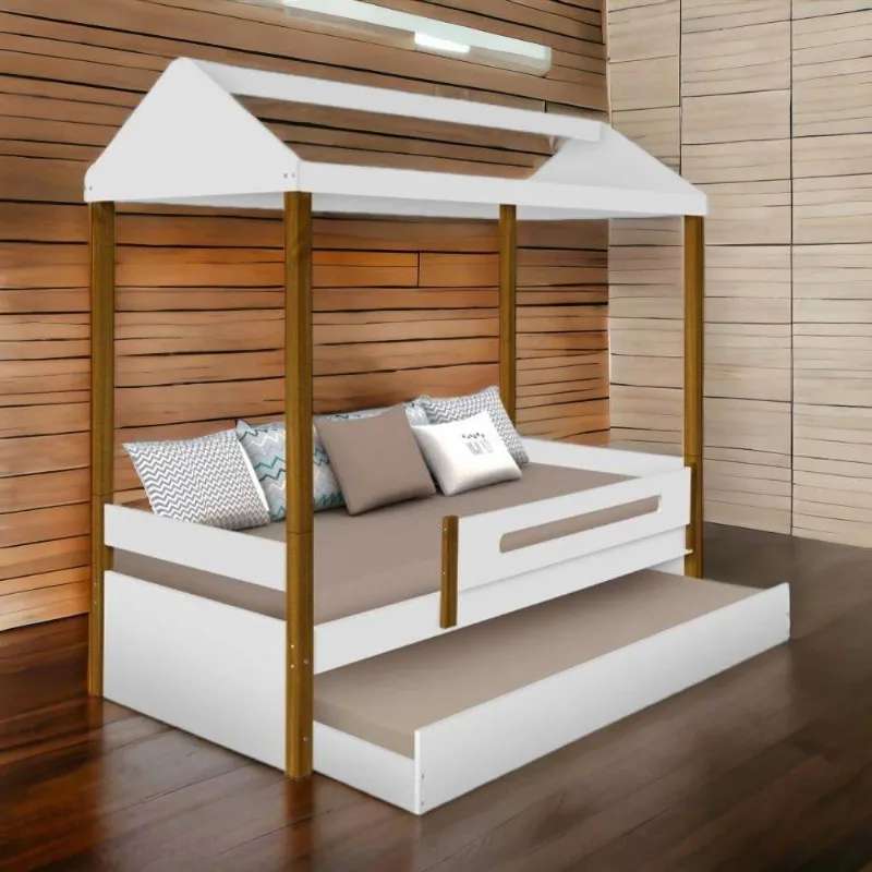 Cama Solteiro Casa Lara com Auxiliar Estrutura MDF Branca para Colchão 88x188cm