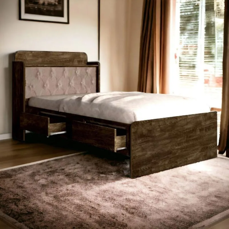 Cama Box Solteiro Tamires com Baú Gavetas e Colchão Capitonê Bege Base Marrom
