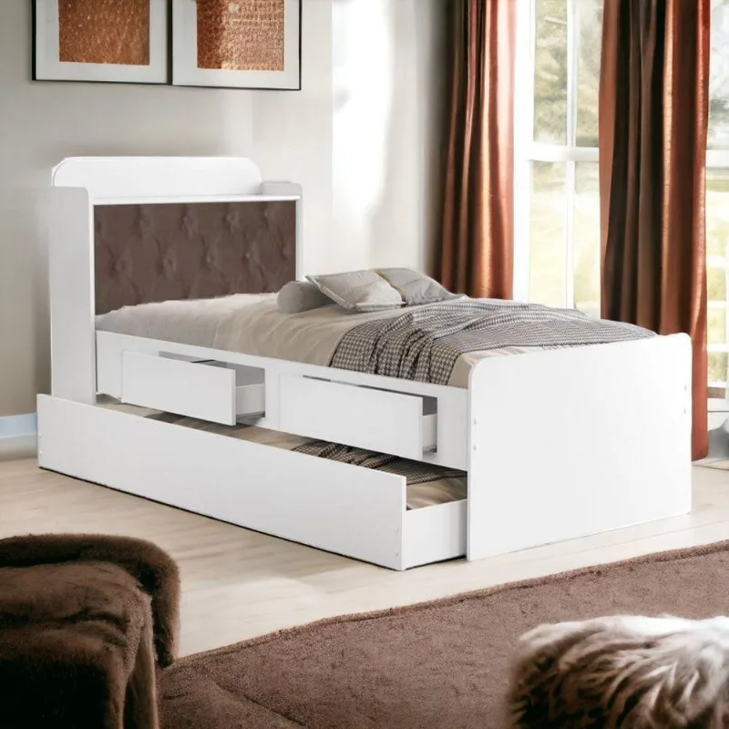 Cama Solteiro Tamires Baú com Auxiliar Branco e Nogal para Colchão 88x188cm