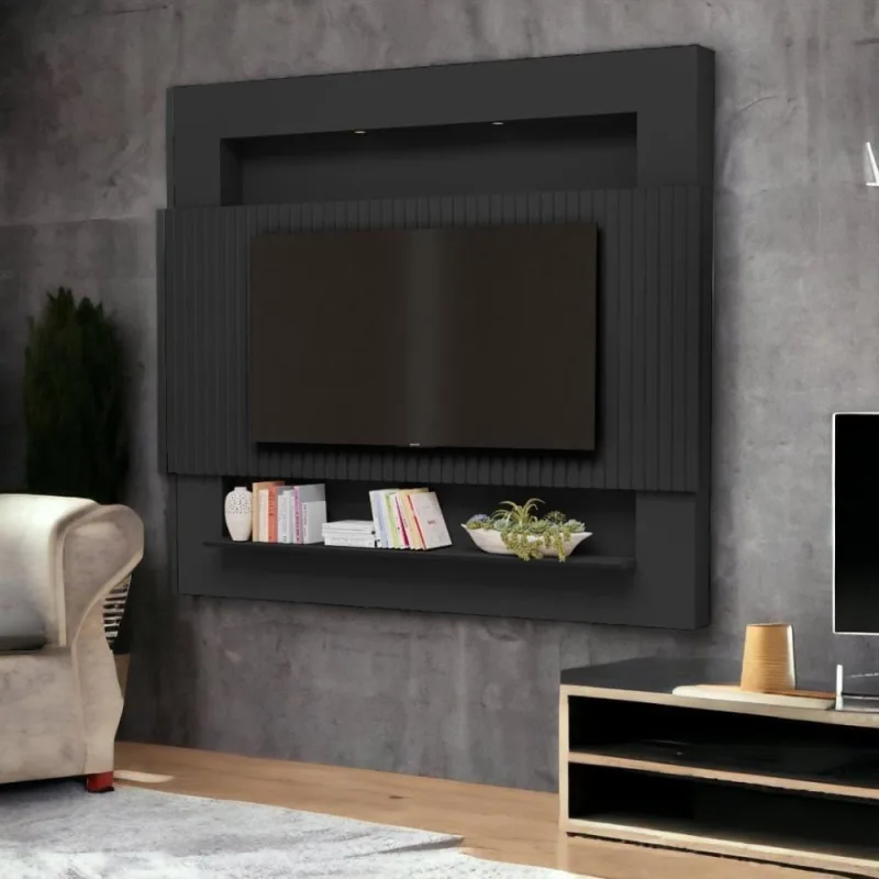 Painel para TV Riviera 75 217cm MDF Preto Ripado Luapa Móveis - Luapa Móveis - Móveis