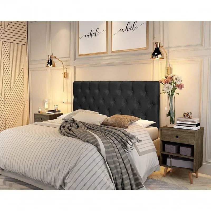 Cabeceira Paris Casal Parede Estofada Suede Preto RA Estofados