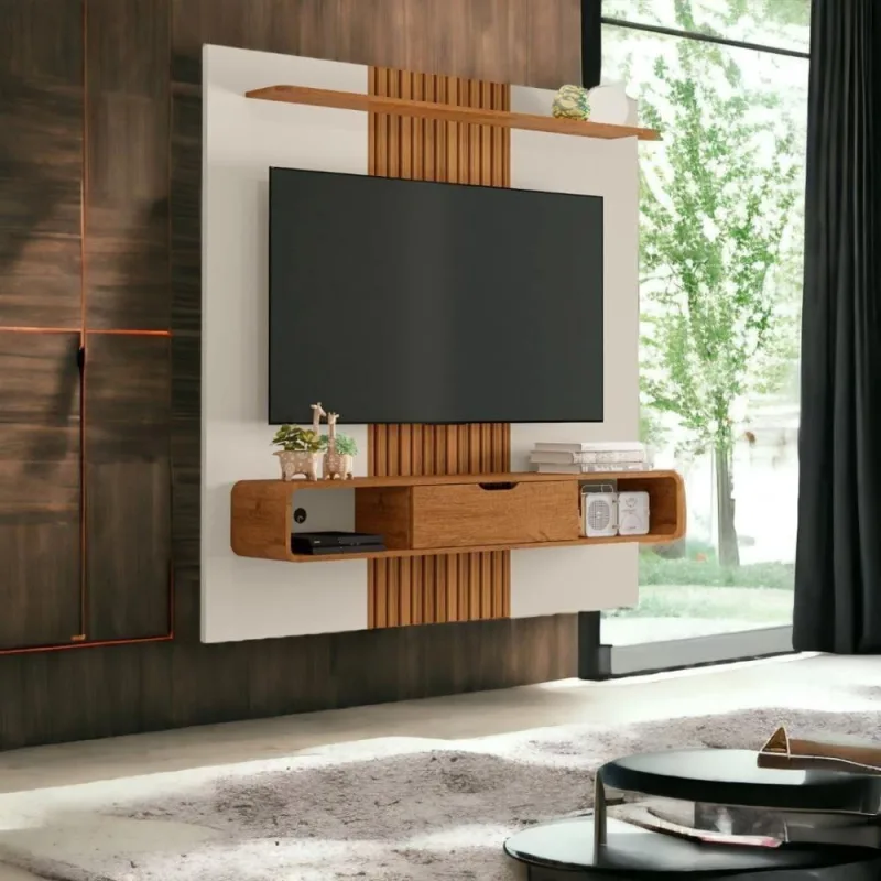 Painel para TV Lisboa 65" Off White e Naturalle Ripado Bechara - OUTRAS