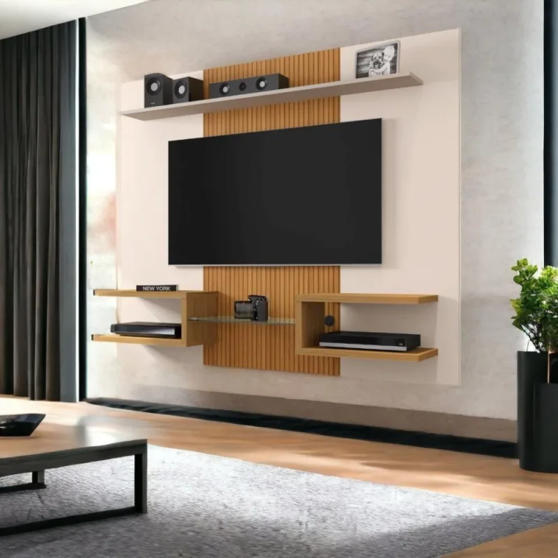 Painel Para Tvs 55 Atlas Off White E Cinamomo Ripado Bechara - OUTRAS - Agro