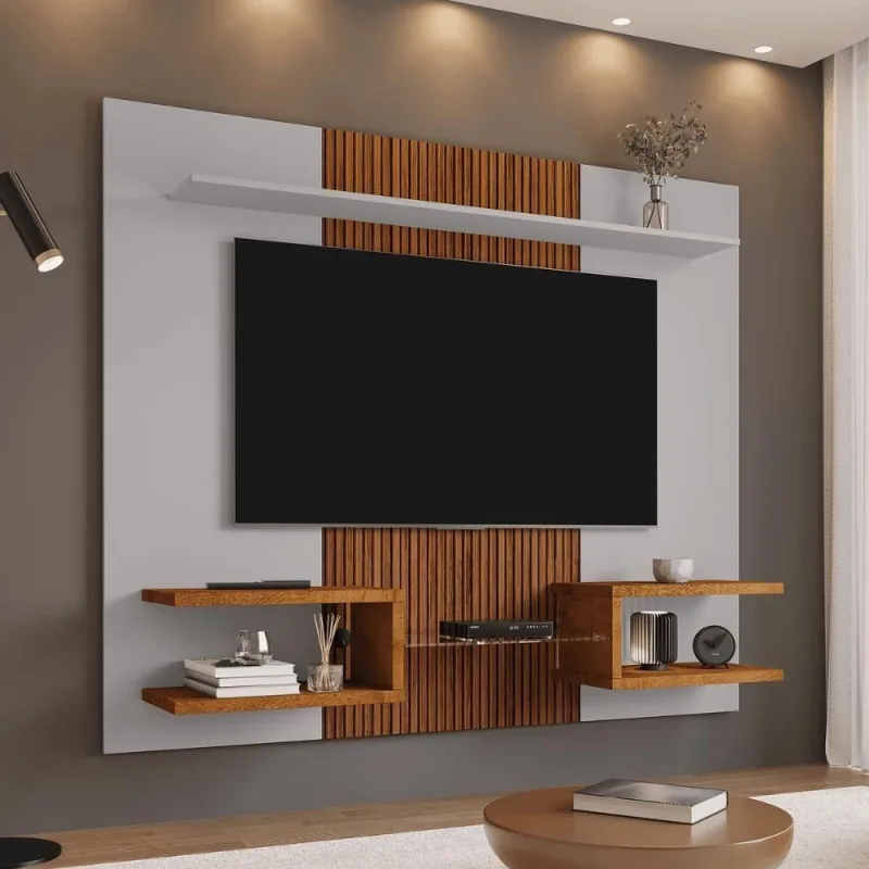 Painel para TV Atlas 55 Polegadas 163cm MDP Off White e Naturalle Ripado Bechara Móveis - OUTRAS - Móveis