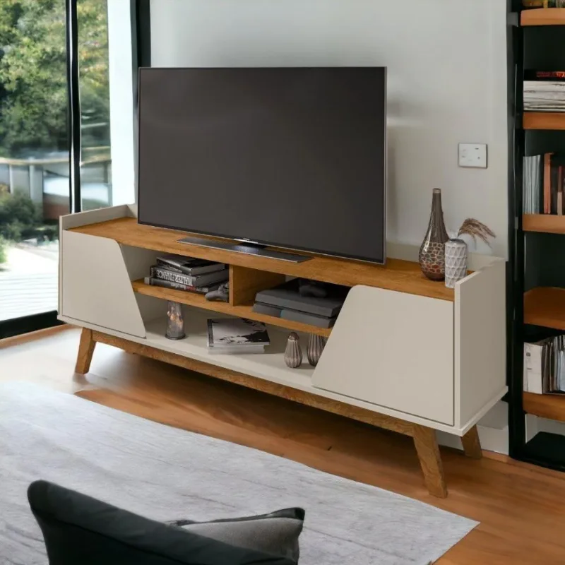 Rack com Nichos Turim 160CM MDP Off White e Naturalle Bechara Móveis