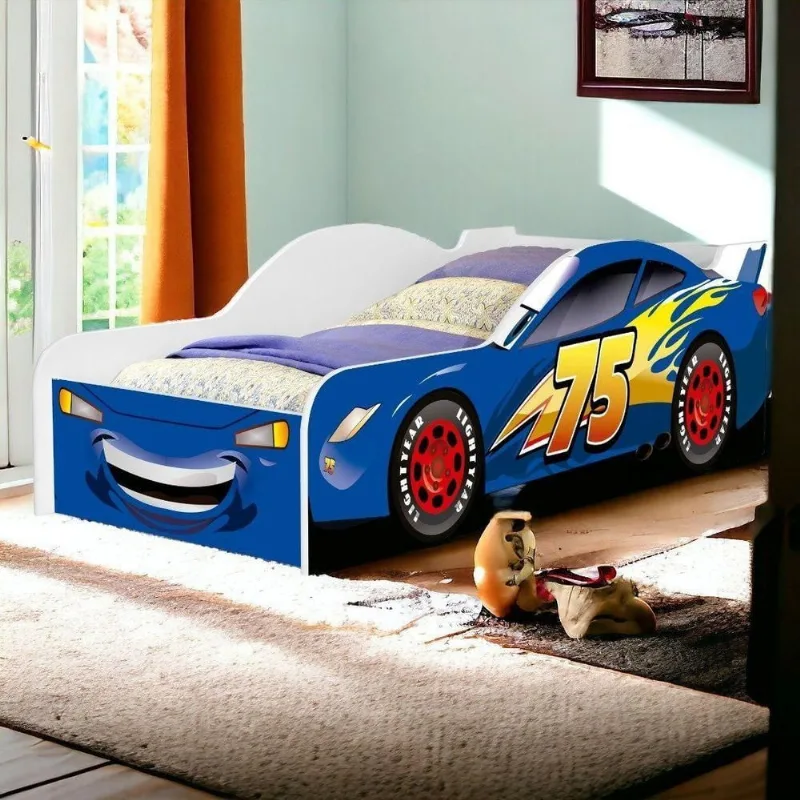 Cama Infantil Carro Blue em MDF Azul com Grade de Proteção Cambel Móveis